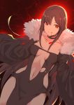  1girl absurdres bangs blood blood_from_mouth breasts brown_dress brown_hair brown_jacket closed_mouth collarbone commentary_request consort_yu_(fate) crack dress eyebrows_visible_through_hair fate/grand_order fate_(series) fur-trimmed_jacket fur_trim hair_between_eyes highres jacket long_hair looking_at_viewer medium_breasts meng_ge_3_(565571710) navel open_clothes open_jacket red_eyes smile solo sparkle strapless strapless_dress very_long_hair 
