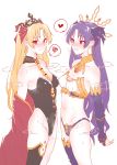  2girls alterna99 armlet asymmetrical_legwear asymmetrical_sleeves black_leotard blonde_hair breasts cape crown earrings ereshkigal_(fate/grand_order) fate/grand_order fate_(series) highres hoop_earrings ishtar_(fate/grand_order) jewelry leotard medium_breasts multiple_girls neck_ring red_cape red_eyes single_thighhigh strapless strapless_leotard thigh-highs tiara two_side_up 