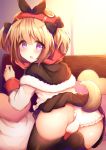  1girl animal_ears ass azur_lane bangs bed_sheet black_capelet black_skirt blush bow brown_bow brown_legwear capelet commentary_request dog_ears dog_girl dog_tail eyebrows_visible_through_hair fur-trimmed_capelet fur_trim hair_between_eyes hair_bow haru_ichigo heart heart_pillow hood hood_up light_brown_hair long_sleeves looking_at_viewer looking_back norfolk_(azur_lane) panties pillow pleated_skirt shirt skirt solo tail thigh-highs twintails underwear white_panties white_shirt 