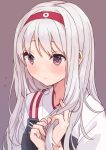  1girl commentary_request commission grey_background hairband headband holding holding_hair japanese_clothes kantai_collection long_hair mitsuyo_(mituyo324) muneate red_headband shoukaku_(kancolle) simple_background solo tasuki upper_body white_hair 