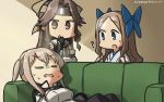  3girls ? asakaze_(kantai_collection) bangs black_gloves blonde_hair blue_bow blue_hakama bow brown_eyes brown_hair celtic_knot closed_eyes couch dated elbow_gloves eyebrows_visible_through_hair forehead forehead_protector frown gloves graf_zeppelin_(kantai_collection) hair_between_eyes hair_bow hair_intakes hair_ribbon hakama half_updo hamu_koutarou highres japanese_clothes jintsuu_(kantai_collection) kantai_collection kimono light_brown_hair long_hair looking_at_another lying military military_uniform multiple_girls on_back on_couch parted_bangs ribbon school_uniform serafuku shaded_face sidelocks signature spoken_question_mark twintails uniform wavy_hair white_kimono 