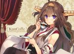  1girl ahoge aiguillette bangs bare_shoulders black_skirt blush boots breasts brown_hair chair closed_mouth cup curtains detached_sleeves double_bun dutch_angle eyebrows_visible_through_hair hairband headgear holding holding_cup holding_saucer japanese_clothes kantai_collection kongou_(kantai_collection) long_hair looking_at_viewer medium_breasts nontraditional_miko open_mouth petticoat pinky_out remodel_(kantai_collection) shirokitsune sideboob sidelocks sitting skirt smile solo teacup thigh-highs thigh_boots violet_eyes wide_sleeves 