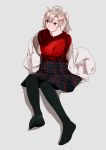  1girl ahoge alternate_costume antenna_hair black_legwear black_skirt coat full_body fur-trimmed_coat fur_trim green_eyes grey_background grey_hair hair_tie highres kantai_collection kinugasa_(kantai_collection) looking_to_the_side ojipon pantyhose plaid plaid_skirt red_sweater short_twintails simple_background sitting skirt solo sweater twintails white_coat 