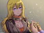  2girls artist_name blake_belladonna blonde_hair blush breasts cleavage eyebrows hand_holding kio_rojine long_hair medium_breasts multiple_girls open_mouth out_of_frame prosthesis prosthetic_arm rwby violet_eyes yang_xiao_long 