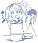  1boy 1girl :d bladeless_fan blush boku_no_hero_academia freckles genzai_mirai highres messy_hair midoriya_izuku monochrome musical_note open_mouth short_hair sidelocks smile uraraka_ochako 