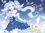  1girl 2019 :d animal bangs bare_shoulders beamed_eighth_notes blue_eyes blue_hair blue_skirt blush center_frills collarbone commentary_request cpqm crown detached_collar eighth_note eyebrows_visible_through_hair fingernails frilled_skirt frills hair_between_eyes hatsune_miku highres juliet_sleeves long_sleeves looking_at_viewer mini_crown musical_note open_mouth puffy_sleeves rabbit round_teeth shirt skirt skirt_hold sleeves_past_wrists smile snowflake_print snowflakes strapless striped_sleeves teeth thigh-highs tiara upper_teeth vocaloid white_collar white_legwear white_shirt white_sleeves yuki_miku yukine_(vocaloid) 