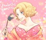  1boy 1girl absurdres blonde_hair blue_eyes breasts brown_hair chibi cleavage copyright_name curly_hair facial_hair fantastic_beasts_and_where_to_find_them flower highres jacob_kowalski mustache open_mouth paleatus pink_background queenie_goldstein sparkle wand 