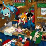  2boys 2girls ahoge apron aqua_hair black_eyes black_hair blue_eyes boku_to_uchuujin book bread brown_hair cat cellphone character_request child_drawing cup dough food fork fur_trim gloves gloves_removed hat jacket muffin multiple_boys multiple_girls nobel_(nobel827) orange_hair phone ponytail rolling_pin smartphone tray 