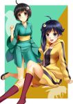  2girls :d ahoge araragi_karen araragi_tsukihi arm_support black_eyes black_hair black_shirt blue_hair blush green_kimono hair_ornament hood hood_down hooded_jacket huyumitsu jacket japanese_clothes kimono kneehighs kneeling leaning_back long_hair long_sleeves looking_at_viewer monogatari_(series) multiple_girls obi open_clothes open_jacket open_mouth red_legwear sash shiny shiny_hair shirt short_hair short_kimono shorts siblings side_ponytail sisters sitting smile yellow_jacket yellow_shorts 