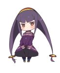  1girl angry bangs blunt_bangs blush brown_eyes chibi dress full_body hair_ornament hairband jewelry long_hair looking_at_viewer low-tied_long_hair miyata_(lhr) necklace pendant purple_hair queen_tia rockman ryuusei_no_rockman ryuusei_no_rockman_3 simple_background solo standing white_background 