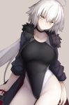  1girl ahoge black_choker black_jacket black_swimsuit blush breasts choker competition_swimsuit cowboy_shot fate/grand_order fate_(series) fur-trimmed_jacket fur_trim grey_background jacket jeanne_d&#039;arc_(fate)_(all) large_breasts long_hair looking_at_viewer mobu one-piece_swimsuit pale_skin silver_hair simple_background solo standing swimsuit yellow_eyes 