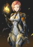  &gt;:) 1girl artist_name bodysuit breasts brown_hair commentary cowboy_shot ember_(warframe) english_commentary eyebrows_visible_through_hair fire flame highres humanization looking_at_viewer medium_breasts orange_hair power_suit short_hair simple_background smile solo upper_teeth warframe yellow_eyes zxpfer 