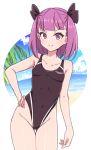  &gt;:) 1girl alternate_costume bow breasts chawan_(yultutari) collarbone commentary_request competition_swimsuit covered_navel cowboy_shot fate/grand_order fate_(series) gluteal_fold hair_bow hand_on_hip helena_blavatsky_(fate/grand_order) highres looking_at_viewer one-piece_swimsuit purple_hair short_hair small_breasts solo swimsuit thigh_gap violet_eyes white_background 