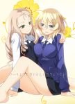  2girls arm_around_shoulder arm_support bangs barefoot bc_freedom_school_uniform black_skirt black_vest blonde_hair blue_eyes blue_neckwear blue_sweater breast_press cardigan closed_mouth commentary_request cover cover_page diagonal_stripes doujin_cover dress_shirt drill_hair eyebrows_visible_through_hair flower flower_request frown girls_und_panzer gradient gradient_background green_eyes half-closed_eyes highres legs long_hair long_sleeves looking_at_another marie_(girls_und_panzer) medium_hair messy_hair miniskirt multiple_girls necktie no_legwear oshida_(girls_und_panzer) parted_lips pleated_skirt red_neckwear school_uniform shirt sitting skirt smile striped striped_neckwear sweater translated umekichi vest white_shirt wing_collar yellow_background yellow_flower yuri 