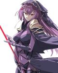  1girl bare_shoulders bodysuit breasts fate/grand_order fate_(series) holding holding_weapon ikuhana_niiro long_hair looking_at_viewer medium_breasts pauldrons polearm purple_hair red_eyes scathach_(fate)_(all) scathach_(fate/grand_order) simple_background solo spear standing veil very_long_hair weapon white_background 
