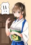  1girl absurdres batabata0015 brown_eyes brown_hair cracker food food_in_mouth hakama_skirt highres japanese_clothes kaga_(kantai_collection) kantai_collection long_hair mouth_hold side_ponytail snack solo 