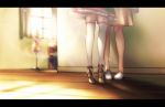  2girls age_difference aikatsu!_(series) aikatsu_friends! bare_legs close-up curtains floor height_difference high_heels implied_kiss indoors kiss legs lens_flare mannequin multiple_girls room shiontaso shoes skirt sunlight thigh-highs tiptoe_kiss tiptoes window yuri 
