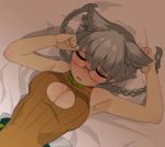 1girl animal_ear_fluff animal_ears armpits arms_up bed_sheet blush bow braid breasts brown_shirt cat_ears cleavage_cutout clenched_hands closed_eyes commentary_request drunk from_above glasses green_bow grey_hair lying medium_breasts on_back on_bed original ranka_(kehotank) rimless_eyewear shirt sleeveless sleeveless_shirt solo soumu_(kehotank) twin_braids twintails 