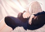 1girl ahoge bare_legs bare_shoulders bed bed_sheet black_dress coat commentary_request curtains dress fate/grand_order fate_(series) fur-trimmed_coat fur-trimmed_jacket fur_collar fur_trim jacket jeanne_d&#039;arc_(alter)_(fate) jeanne_d&#039;arc_(fate)_(all) lying nail_polish on_side red_nails short_dress silver_hair wicked_dragon_witch_ver._shinjuku_1999 yuno_tsuitta 