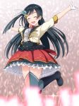  1girl black_hair breasts closed_eyes commentary_request feathers flower gloves hair_feathers hair_flower hair_ornament highres hoshino_ouka jumping long_hair love_live! love_live!_school_idol_festival medium_breasts one_side_up outstretched_arms perfect_dream_project shiny shiny_hair short_sleeves smile white_gloves yuuki_setsuna_(love_live!) 