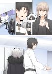  1boy 3girls ahoge artoria_pendragon_(all) aura black_hair cape comic cross cross_necklace faceless faceless_male fate/grand_order fate_(series) from_behind fujimaru_ritsuka_(male) fur-trimmed_cape fur_trim ginhaha grey_hair headdress indoors jeanne_d&#039;arc_(alter)_(fate) jeanne_d&#039;arc_(fate)_(all) jewelry light_brown_eyes light_brown_hair long_sleeves multiple_girls necklace open_mouth pointy_ears saber_alter semiramis_(fate) short_hair silent_comic spoken_character 