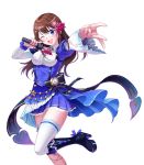  1girl :d ;d absurdres ascot bangs black_bow blue_eyes blue_skirt bow breasts brown_hair collared_shirt eyebrows_visible_through_hair frills hair_ornament hands_up head_tilt highres holding holding_microphone lace_trim leg_garter leg_up long_sleeves looking_at_viewer medium_breasts microphone mikannsisyou miniskirt mismatched_sleeves one_eye_closed open_mouth outstretched_hand pleated_skirt pocket_watch red_neckwear shirt sidelocks simple_background single_thighhigh skirt smile solo striped striped_bow thigh-highs tokino_sora tokino_sora_channel underbust upper_teeth virtual_youtuber watch white_background white_legwear white_shirt wide_sleeves zettai_ryouiki 