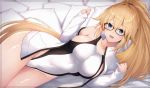 1girl anza_tomo bangs bare_shoulders black-framed_eyewear blush breasts collarbone competition_swimsuit covered_navel fate/grand_order fate_(series) glasses hair_between_eyes highleg highleg_swimsuit hips jacket jeanne_d&#039;arc_(fate)_(all) jeanne_d&#039;arc_(swimsuit_archer) large_breasts long_hair long_sleeves looking_at_viewer one-piece_swimsuit open_clothes open_jacket open_mouth ponytail smile solo swimsuit thighs very_long_hair white_jacket white_swimsuit 