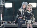  2girls ak-12_(girls_frontline) an-94_(girls_frontline) bangs blonde_hair blue_eyes closed_mouth commentary_request eyebrows_visible_through_hair girls_frontline gloves hairband hand_on_another&#039;s_head holding holding_pencil jacket leaning_on_person legs_crossed long_hair long_sleeves mask mask_removed multiple_girls notebook pencil ribbon sidelocks silver_hair sitting smile very_long_hair wss_(32656138) 