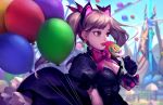  1girl amusement_park animal_ears balloon black_cat_d.va blizzard_world blonde_hair blue_sky bow bracelet cat_ears d.va_(overwatch) dress earrings fang food glowing highres holding jewelry licking long_hair murloc overwatch pearl_bracelet popsicle roller_coaster signature sky solo tinadraw twintails violet_eyes 