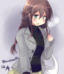  1girl alternate_costume bag bangs black_sweater braid breath brown_hair commentary_request dated green_eyes grey_background grey_blazer grey_skirt hirune_(konekonelkk) kantai_collection long_hair noshiro_(kantai_collection) plastic_bag pleated_skirt ribbed_sweater skirt solo standing sweater swept_bangs twin_braids twitter_username 