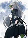  1girl aek-999_(girls_frontline) bangs black_jacket breasts brown_eyes clouds cloudy_sky cowboy_shot day girls_frontline gloves goggles goggles_on_head grey_hair hair_between_eyes headphones headphones_around_neck high_ponytail highres jacket long_hair looking_at_viewer looking_back medium_breasts open_clothes open_jacket outdoors pantyhose plaid plaid_skirt ponytail shirt skanehfdl3 skirt sky smile solo standing white_shirt 