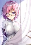  1girl blush bodysuit breasts commentary_request cosplay curtains fate/grand_order fate_(series) glasses kotatsu_(kotatsu358) mash_kyrielight pink_hair qin_liangyu_(fate) qin_liangyu_(fate)_(cosplay) short_hair solo violet_eyes 