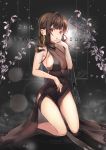  1girl anniversary bangs black_nails blush breasts brown_dress brown_hair character_name cleavage commentary_request dress dsr-50_(girls_frontline) earrings eyebrows_visible_through_hair fingernails fringe_trim girls_frontline hand_up highres infinity jewelry kneeling large_breasts long_hair nail_polish parted_lips pixiv_id red_eyes see-through sidelocks signature sleeveless sleeveless_dress solo teratsuki tongue tongue_out 