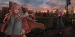  2girls ;d ahoge ankle_boots arm_at_side arm_up boots brown_gloves building carcano_m91/38_(girls_frontline) city clouds commentary_request cowboy_shot dress girls_frontline gloves gradient_sky green_eyes hair_ribbon handrail highres kurusemina layered_dress looking_at_viewer low_twintails m1891_(girls_frontline) multiple_girls one_eye_closed open_mouth outdoors pink_hair ponytail purple_hair ribbon sash sidewalk sky skyscraper smile sunset tunic twilight twintails v wide_shot 