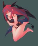  1girl absurdres arms_under_breasts bangs bare_arms bare_legs bare_shoulders barefoot bikini black_bikini blue_hair breasts cleavage collarbone commentary demon_tail demon_wings full_body grey_background hair_between_eyes head_wings highres jumping koakuma long_hair looking_at_viewer m@zent medium_breasts multicolored_hair o-ring o-ring_bikini parted_lips pointy_ears red_eyes redhead simple_background smile solo streaked_hair swimsuit tail thighs touhou very_long_hair wings 