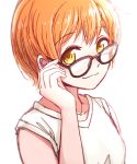  1girl :3 bespectacled enso_(ensoooclcl) eyebrows_visible_through_hair glasses hoshizora_rin jewelry looking_at_viewer looking_over_eyewear love_live! love_live!_school_idol_project necklace orange_hair shirt short_hair simple_background solo upper_body white_background white_shirt yellow_eyes 