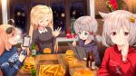  4girls :d ahoge ame. arm_behind_back azur_lane bangs blonde_hair blue_eyes blue_skirt blue_sweater blush bottle box breasts brown_sweater christmas christmas_tree cleveland_(azur_lane) closed_eyes collared_shirt columbia_(azur_lane) commentary_request denver_(azur_lane) eyebrows_visible_through_hair eyewear_on_head flower food food_themed_hair_ornament french_fries gift gift_box hair_between_eyes hair_ornament hamburger hand_up holding holding_menu indoors light_brown_hair long_hair looking_at_viewer menu montpelier_(azur_lane) multiple_girls night one_side_up open_mouth parted_bangs parted_lips pleated_skirt pointing profile red_eyes red_flower red_sweater shirt skirt small_breasts smile standing sunglasses sweater very_long_hair white_shirt 
