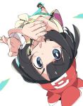  1girl bag beanie black_hair creatures_(company) from_above game_freak handbag hat ixy mizuki_(pokemon) nintendo open_mouth pokemon pokemon_(game) pokemon_sm red_hat shirt shoes short_hair short_sleeves solo standing tied_shirt upside-down z-move z-ring 