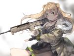  &gt;:) 1girl absurdres bangs bare_shoulders black_dress black_gloves blush bow breasts brown_jacket camouflage_jacket cleavage closed_mouth collarbone commentary_request double_bun dress eyebrows_visible_through_hair fingerless_gloves fingernails fur-trimmed_hood fur_trim girls_frontline gloves green_bow green_eyes gun hair_bow head_tilt highres holding holding_gun holding_weapon hood hood_down hooded_jacket jacket light_brown_hair long_hair long_sleeves medium_breasts object_namesake off_shoulder rfb_(girls_frontline) side_bun sidelocks single_glove sleeveless sleeveless_dress smile soranagi_yuki very_long_hair weapon weapon_request white_background 