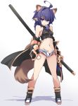  1girl ahoge animal_ears breasts extra_ears full_body karukan_(monjya) long_hair matsuhime_mujina micro_shorts navel open_clothes open_shorts pointy_ears purple_hair raccoon_ears raccoon_tail shadow sheath sheathed shinrabanshou shorts simple_background small_breasts solo standing sword tail violet_eyes weapon white_background 