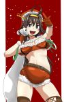  1girl :d belt breasts brown_hair brown_legwear capelet cleavage gloves grey_eyes hat headgear highres kantai_collection kongou_(kantai_collection) long_hair looking_at_viewer medium_breasts midriff navel open_mouth pointing pointing_at_viewer red_gloves sack santa_costume santa_hat smile snowing solo teeth thigh-highs yaruku 