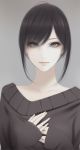  1girl bangs black_hair commentary face grey_eyes grey_sweater hair_over_one_eye hair_up hands_on_own_chest highres komatsuna_na looking_at_viewer original pink_lips sidelocks sweater swept_bangs 