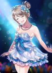  1girl ^_^ alternate_hairstyle artist_name blue_flower blue_ribbon blue_rose blurry blurry_background blush bokeh breasts cleavage closed_eyes closed_eyes collarbone cowboy_shot depth_of_field dress flower glowstick grey_hair hair_bun hair_flower hair_ornament hyugo jewelry love_live! love_live!_sunshine!! medium_breasts necklace open_mouth ribbon rose smile solo strapless strapless_dress thank_you_friends!! watanabe_you white_dress 