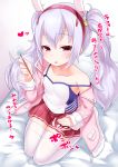  1girl animal_ears azur_lane bangs bed_sheet blush breasts camisole collarbone commentary_request eyebrows_visible_through_hair fingernails fur-trimmed_jacket fur_trim grey_hair hair_between_eyes hair_ornament hairband heart highres holding jacket kirisame_mia laffey_(azur_lane) lap_pillow_invitation long_sleeves looking_at_viewer mimikaki open_clothes open_jacket parted_lips patting_lap pink_jacket pleated_skirt rabbit_ears red_eyes red_hairband red_skirt revision seiza sitting skirt sleeves_past_wrists small_breasts smile solo strap_slip thigh-highs translated twintails white_camisole white_legwear 