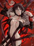  1girl bangs black_dress black_jacket blood blood_from_mouth breasts brown_hair choker collarbone consort_yu_(fate) dress fate/grand_order fate_(series) fur_trim glasses hips jacket large_breasts long_hair looking_at_viewer navel open_clothes open_jacket parted_lips piukute062 red_eyes solo strapless strapless_dress thighs very_long_hair 