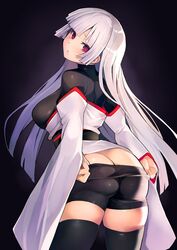  1girl ass bangs black_legwear blunt_bangs bodysuit butt_crack head_tilt highres japanese_clothes long_hair looking_back original removing_legwear short_shorts shorts silver_hair solo taishi_(picchiridou) thigh-highs tsuru-chan very_long_hair violet_eyes 