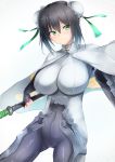  1girl arm_guards bangs black_hair bodysuit breasts bun_cover cape chinese_clothes closed_mouth cloud_print covered_navel double_bun fate/grand_order fate_(series) fingerless_gloves gloves green_eyes highres holding holding_weapon large_breasts polearm qin_liangyu_(fate) rekahu_bi sidelocks skin_tight smile solo spear standing weapon white_background white_cape 