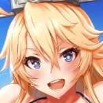  1girl :d ahoge bikini blonde_hair blue_background blue_bikini blush commentary_request eyebrows_visible_through_hair hair_between_eyes headgear iowa_(kantai_collection) kantai_collection looking_at_viewer open_mouth portrait sakiyamama smile solo star star-shaped_pupils swimsuit symbol-shaped_pupils violet_eyes wet 