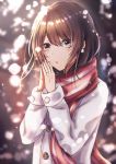  1girl absurdres bangs blurry blurry_background bokeh brown_eyes brown_hair buttons depth_of_field earrings eyebrows_visible_through_hair eyelashes hair_between_eyes hands_together highres jewelry long_sleeves original parted_lips pom_pom_(clothes) red_scarf ring sanpaku scarf shigure_tsuki sidelocks snowing solo striped striped_scarf upper_body wedding_band white_coat winter winter_clothes 