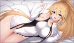  1girl anza_tomo bangs bare_shoulders blush breasts collarbone competition_swimsuit covered_navel fate/grand_order fate_(series) hair_between_eyes highleg highleg_swimsuit hips jacket jeanne_d&#039;arc_(fate)_(all) jeanne_d&#039;arc_(swimsuit_archer) large_breasts long_hair long_sleeves looking_at_viewer one-piece_swimsuit open_clothes open_jacket open_mouth ponytail smile solo swimsuit thighs very_long_hair white_jacket white_swimsuit 